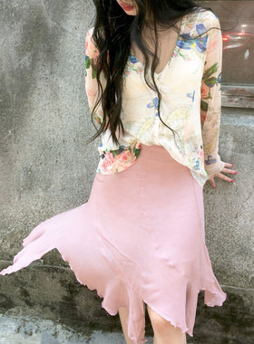 YANN M原创设计粉色人丝拼接不规则半裙复古温柔设计感鱼尾夏季女