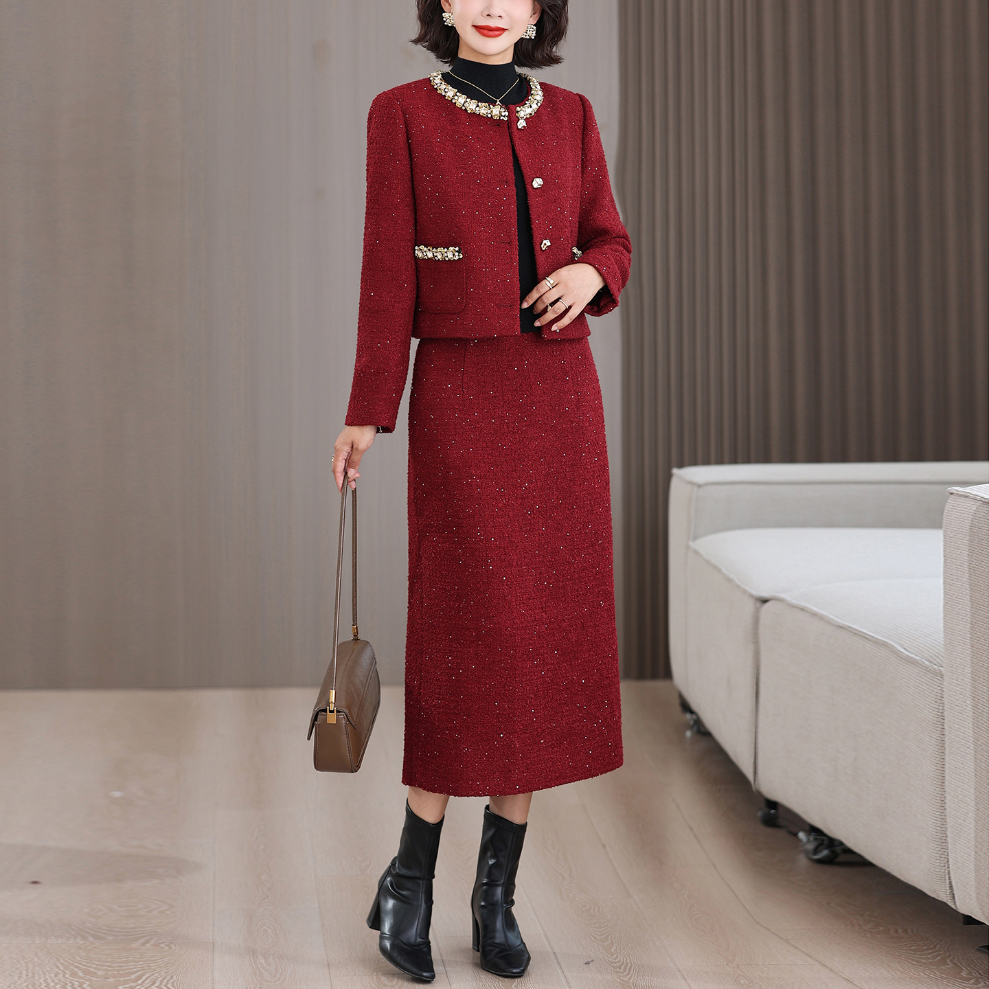 毛呢秋冬时尚小香风妈妈婚宴礼服