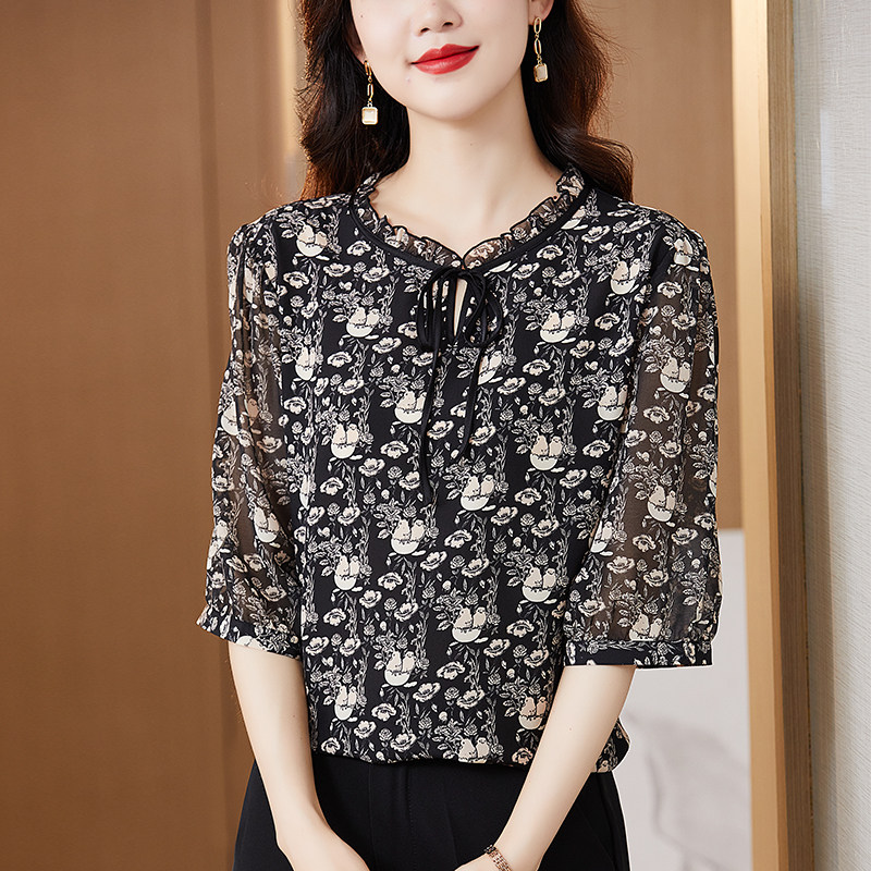 春夏季时尚短袖真丝t恤女士短款宽松显瘦雪纺碎花上衣桑蚕丝小衫