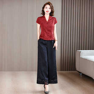 高端刺绣红云纱套装女2024夏季新款妈妈时尚修身洋气阔腿裤两件套