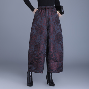 国风冬季浮雕女裤玫瑰提花加棉加厚阔腿裤九分花苞哈伦裤休闲裤