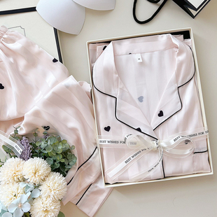 冰丝睡衣女款秋季带胸垫长袖可外穿丝绸家居服送闺蜜礼物礼盒装