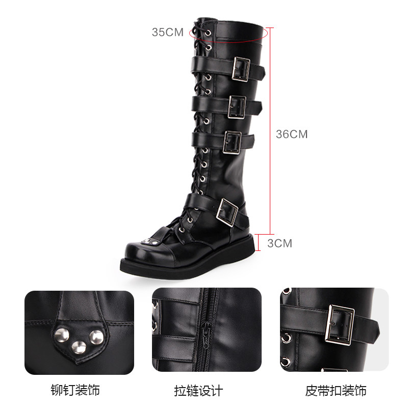 CUSTOMIZED NEW BOOTS LOLITA PUNK BOOTS LOW-HEELED NEUTRAL SQUARE BUCKLE LACE ZIPPER MUFFIN HIGH BOOTS 9708