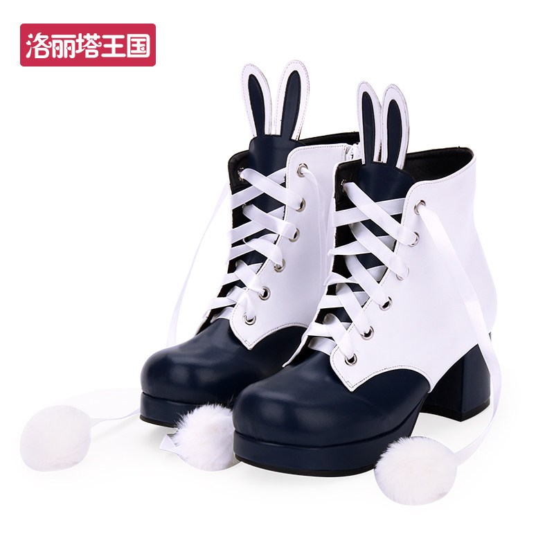 新品原创甜美Lolita靴冬加绒兔耳朵毛球球粗跟洛丽塔保暖靴901