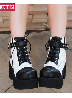 Angelic imprint新款洛丽塔cos拼色坡跟系带高帮侧拉链鞋8580