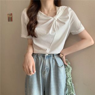上衣 夏季 设计感小众修身 纯棉冰丝短袖 T恤女锁骨别致显瘦白色短款