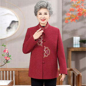 老年人秋冬装女毛呢外套加绒奶奶唐装喜庆老人衣服老太太妈妈装