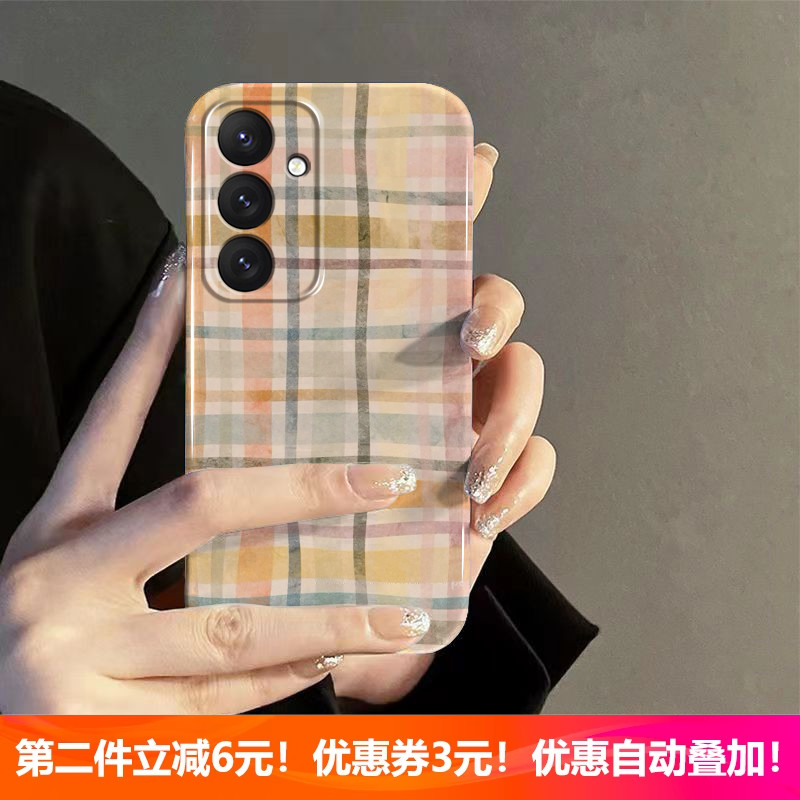 适用三星S25/S24/S23/S22/A55/A35华为nova13/nova12/p70/P60/opporeno13苹果16/15小米14/13暖色格子手机壳