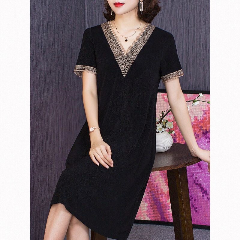 100%棉质赫本小黑裙子短袖女装夏23新款法式连衣裙妈妈宽松a字裙