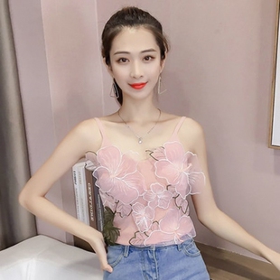 百搭花朵立体刺绣小清新港味复古针织吊带背心女夏外穿内搭打底衫