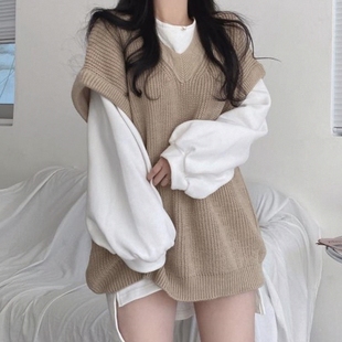 开叉长袖 韩版 法式 休闲针织毛衣马甲女潮 上衣 套装 2025春秋单件 季