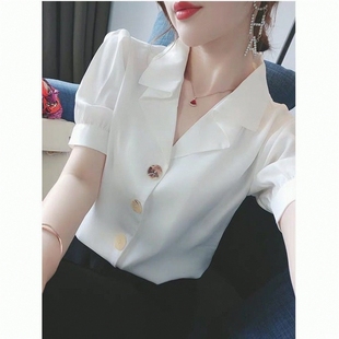 新款 白色雪纺衬衫 韩版 气质设计感小众复古V领衬衣2024 女夏季 短袖