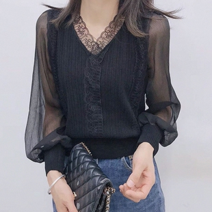 2026春秋新款蕾丝雪纺拼接针织衫长袖v领百搭打底上衣女外穿洋气