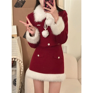 白雪冬愿秋冬装新款新年圣诞氛围感收腰显瘦小香风外套短裙两件套