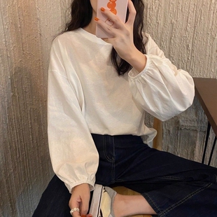 春秋2026新款韩版宽松学院风灯笼袖薄款长袖t恤女装学生上衣潮