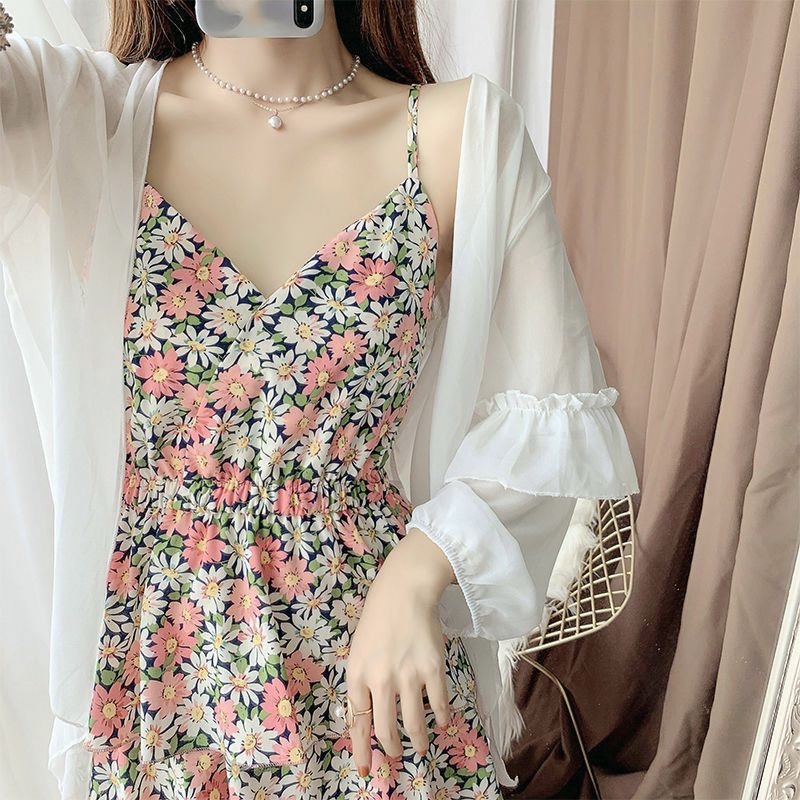 单/套装 春夏季防晒衣长袖雪纺衫吊带裙碎花连衣裙女两件套装裙子