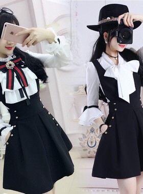 春秋季新款黑色大v领背带连衣裙女学生韩版修身显瘦时尚新款A字裙