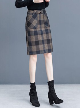 毛呢格子半身裙女秋冬2026年新款高腰小个子气质a字一步包臀短裙