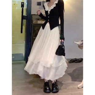 春款新款小香风气质拼接花边黑色针织衫2026女网纱裙半身裙两件套