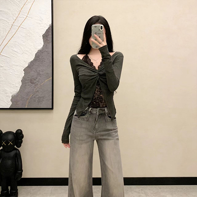纯欲辣妹蕾丝假两件扭结内搭长袖T恤女装春季打底衫修身显瘦上衣