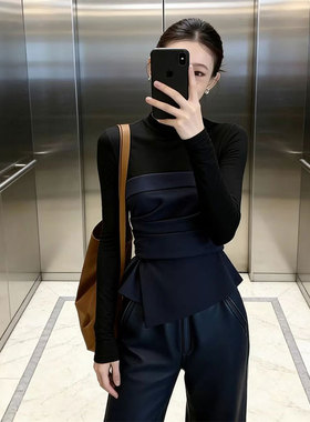 设计感小众上衣独特漂亮轻奢高级感洋气减龄黑色拼接T恤2026春季
