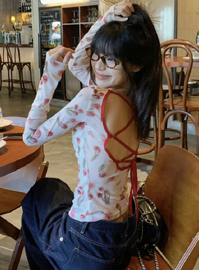 甜辣妹小碎花后背镂空绑带长袖T恤女秋季新款设计感超好看小上衣