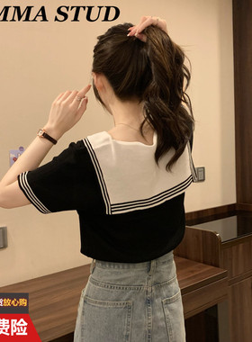 海军翻领针织短袖T恤2025夏季新款女欧货撞色系带小衫纯棉上衣