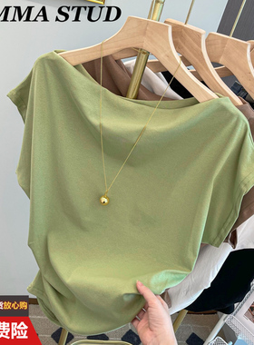 法式独特一字领露肩短袖t恤女夏季高级感复古美式甜辣无袖上衣ins