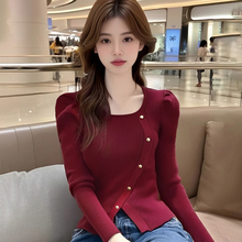 韩系红色气质针织开衫女春秋新款设计感小众泡泡袖毛衣外套上衣服