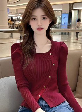 韩系红色气质针织开衫女春秋新款设计感小众泡泡袖毛衣外套上衣服