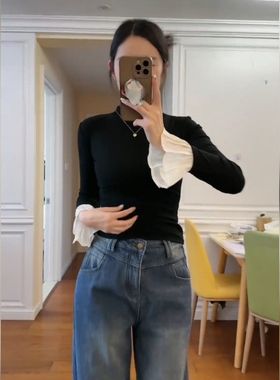 小众洋气半高领喇叭袖T恤2025春季新款女黑色打底衫内搭纯棉上衣