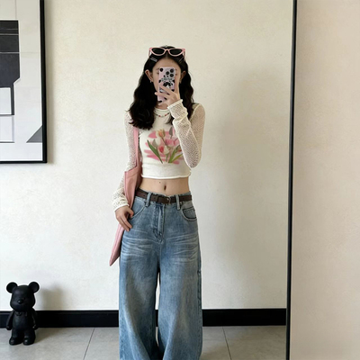 纯欲风郁金香印花镂空长袖t恤女装夏季新款修身显瘦独特漂亮上衣