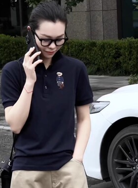 韩系气质polo领藏青色短袖t恤女夏季新款卡通小熊刺绣高级感上衣