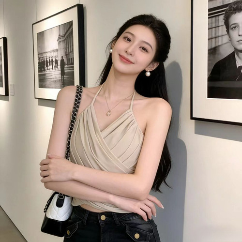 网红爆款时尚百搭小众交叉挂脖背心吊带女装夏季修身显瘦露腰上衣