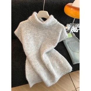 韩系气质高领针织马甲背心女秋冬新款设计感小飞袖内搭外穿短上衣