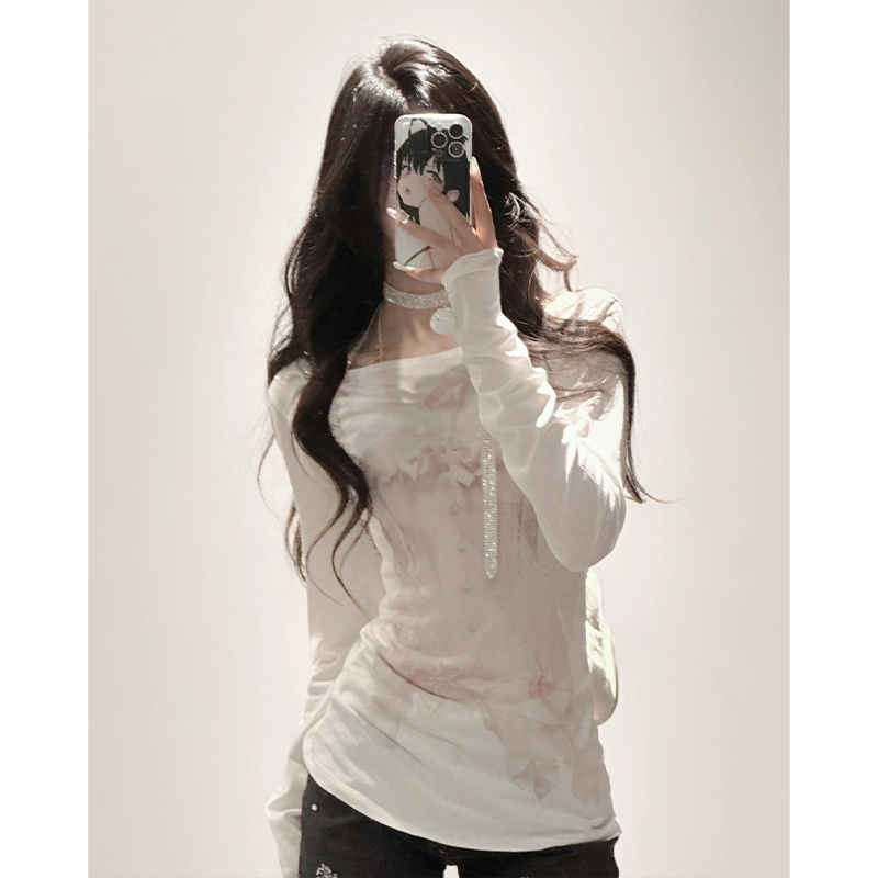 辣妹印花内搭打底衫白色长袖T恤