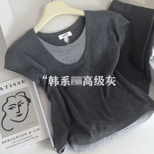 韩系设计感灰色假两件针织衫 独特超好看软糯亲肤小上衣 女夏季 新款