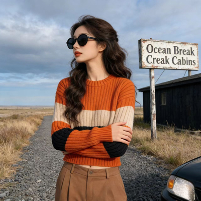 美式辣妹风橘色拼接条纹圆领长袖针织打底衫女装春季宽松显瘦上衣