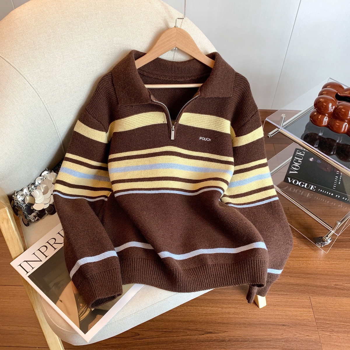 【赠运费险】撞色条纹polo领毛衣