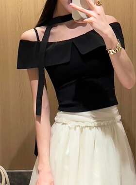韩系气质纯欲一字肩短袖t恤女夏季新款黑色轻熟风修身收腰小上衣