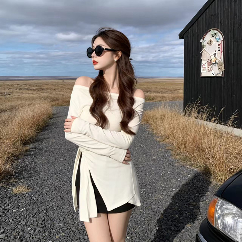 美式炸街绑带一字肩内搭长袖T恤女装2026春季设计感小众打底上衣,女装/女士精品,T恤,淘宝优惠券,粉丝福利购,淘宝优惠卷