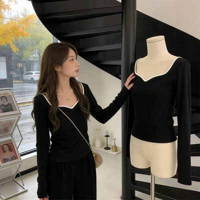 纯欲辣妹风大领口高级感内搭长袖T恤女春季黑色修身显瘦打底上衣