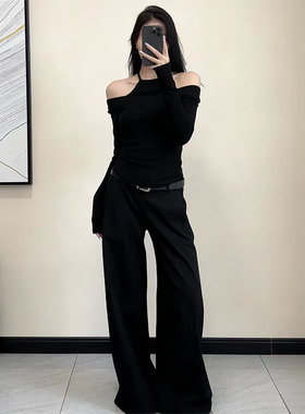 美式炸街性感露肩内搭长袖T恤女装2026春季新款黑色收腰打底上衣