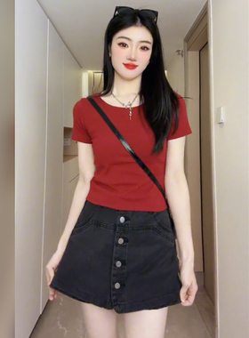 纯棉U领正肩短袖t恤2025夏季新款女甜辣掐腰修身短款红色上衣体恤