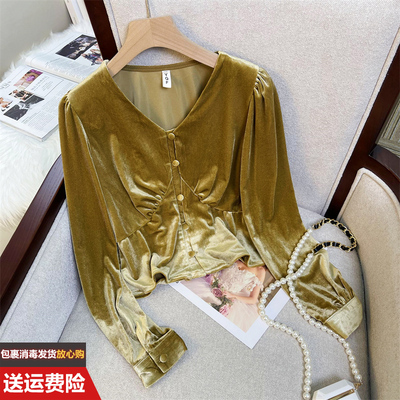 金丝绒V领衬衫法式复古气质衬衣