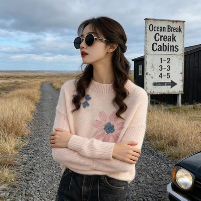 韩系气质白色花朵针织衫女装春季新款设计感小众宽松显瘦长袖上衣