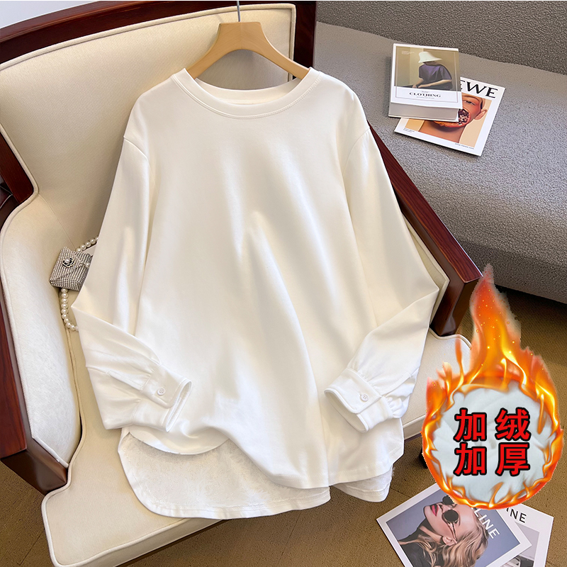 白色加绒加厚卫衣女中长款