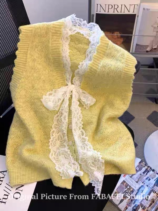 小香风蕾丝蝴蝶结马甲针织衫女款2025新款春秋季外搭叠穿毛衣背心