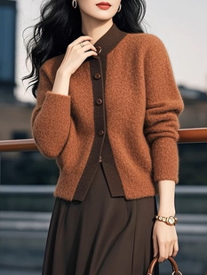 春秋新款超好看红棕色单排扣时尚气质上衣洋气独特别致针织开衫女