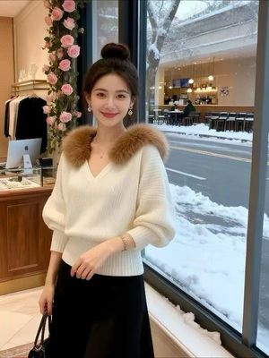 2025秋冬慵懒风毛领V领针织衫女秋冬宽松收腰毛衣可外穿内搭上衣